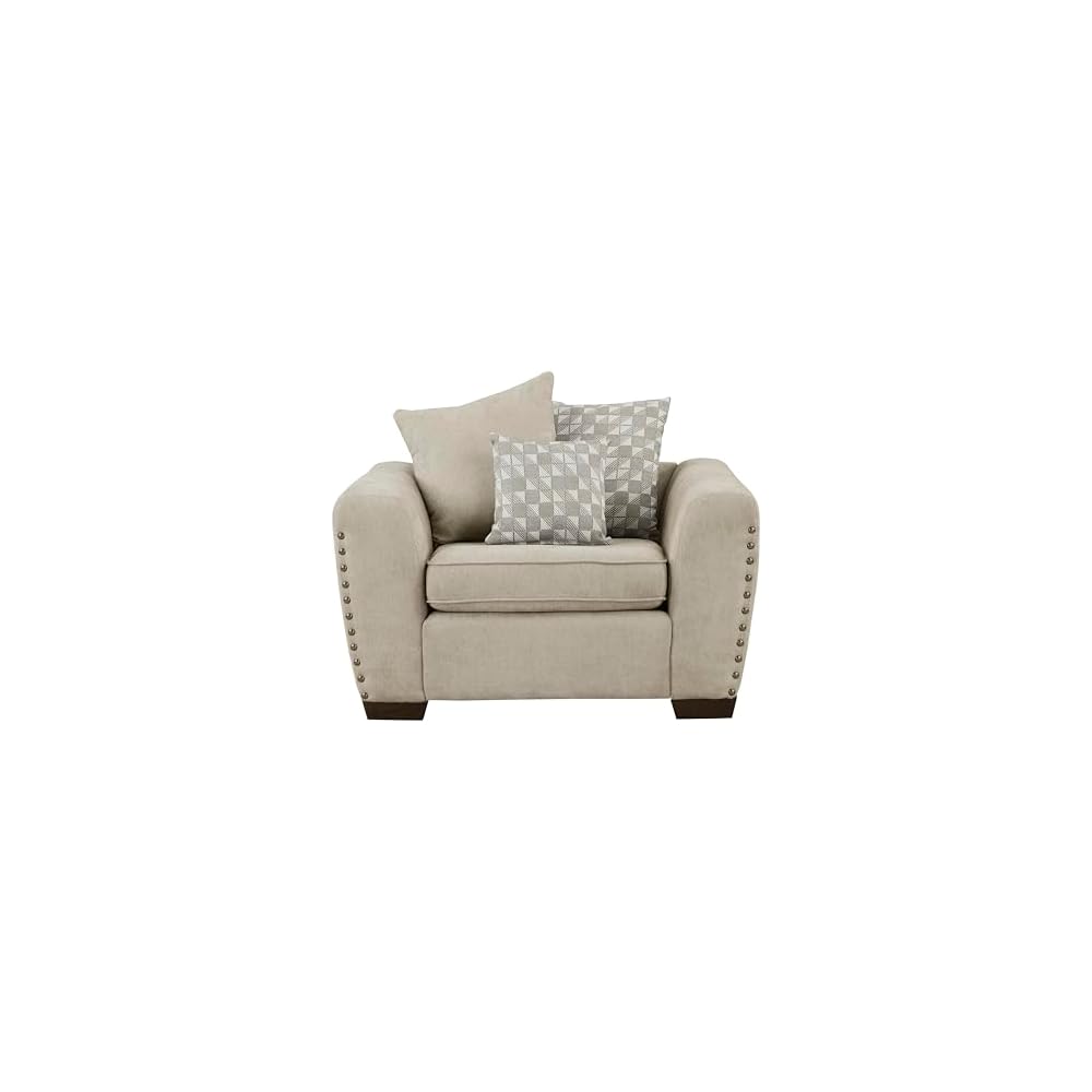 Lexicon Accent Chair, Chenille Upholstered Armchair, Single Sofa Chair with 3 Pillows, Wood Legs, Track Arms, Nailhead Trim, Modern Chairs for Living Room/Bedroom/Office/Waiting Room, Light Brown