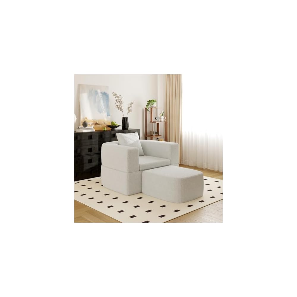 WJShome 40" Pull Out Couch,2 in 1 Sleeper Sofa Bed,Convertible Sleeper Chair with Pillow Foldable Mattress with Back Support,Teddy Fleece,White