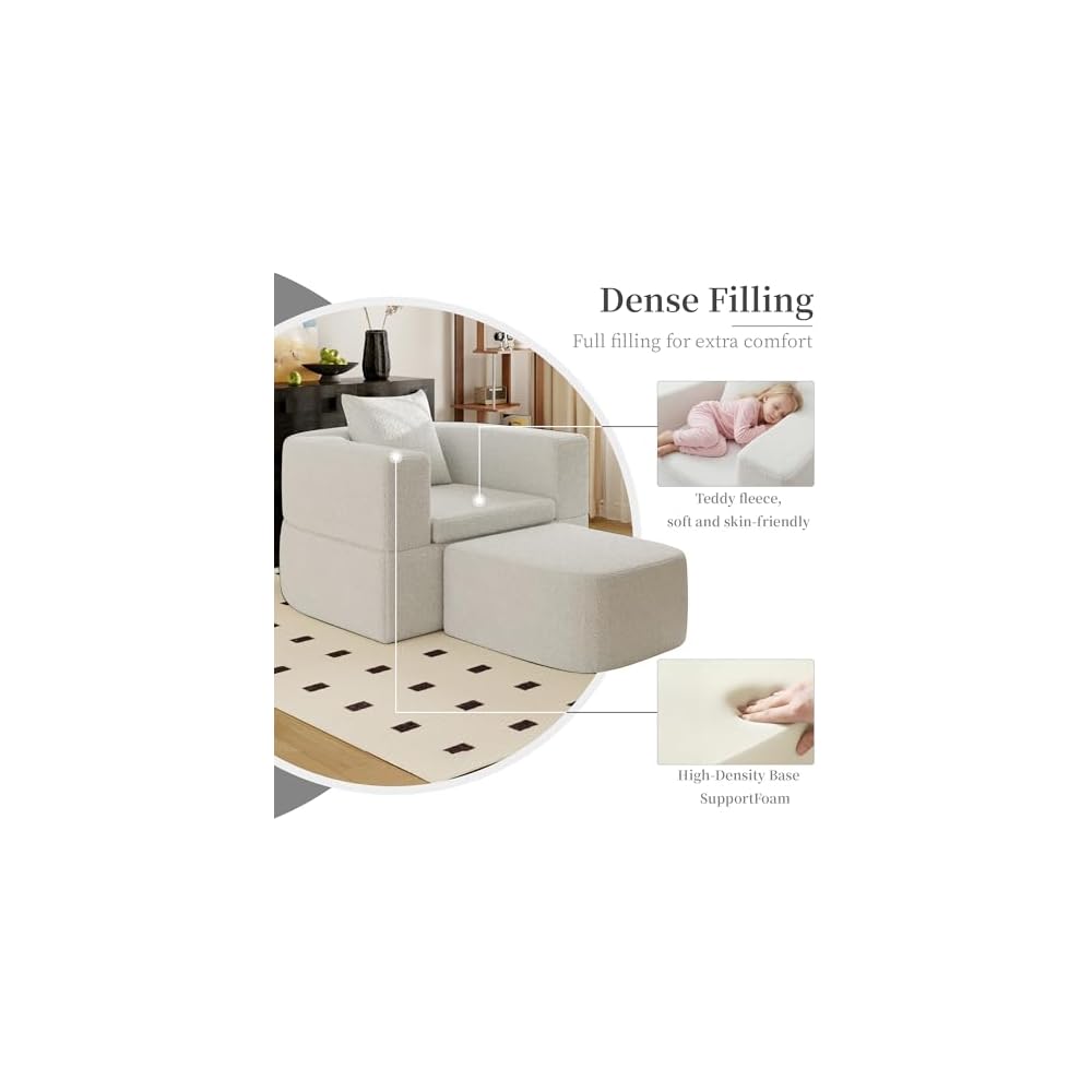 WJShome 40" Pull Out Couch,2 in 1 Sleeper Sofa Bed,Convertible Sleeper Chair with Pillow Foldable Mattress with Back Support,Teddy Fleece,White