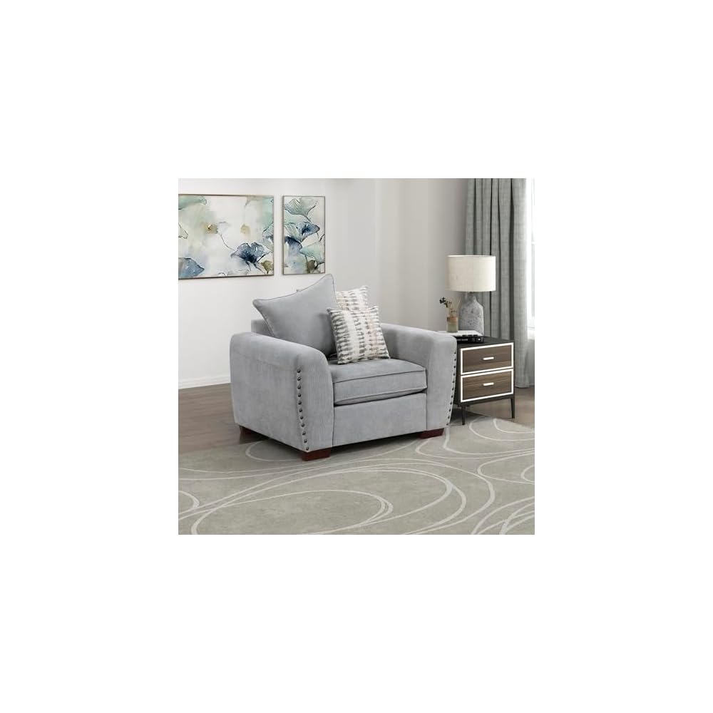 Lexicon Accent Chair, Chenille Upholstered Armchair, Single Sofa Chair with 3 Pillows, Wood Legs, Track Arms, Nailhead Trim, Modern Chairs for Living Room/Bedroom/Office/Waiting Room, Light Brown