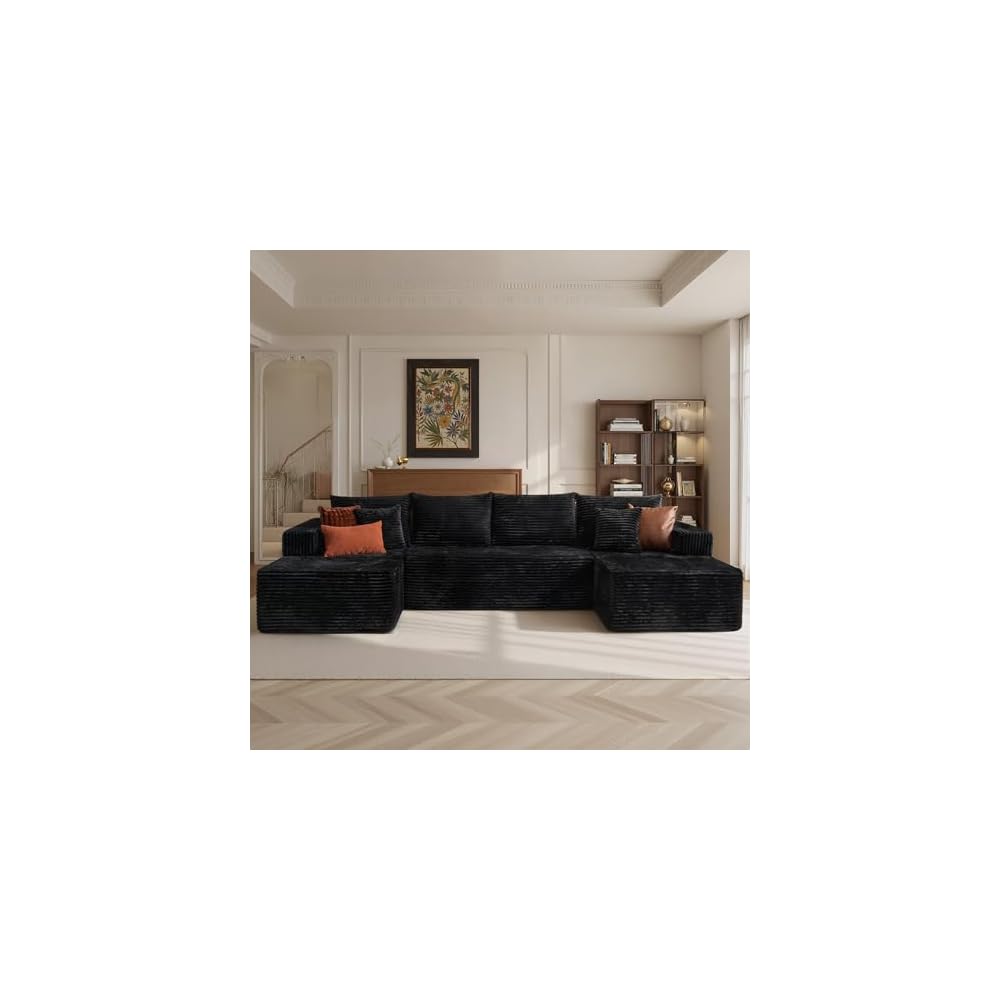 134.6" Modern U-Shaped Floor Couch with Double Chaise Lounge,Plush Corduroy Modular Sectional Sofa with Deep Seat,Memory Foam Boneless Upholstered Couches for Living Room,No Assembly Required,Black