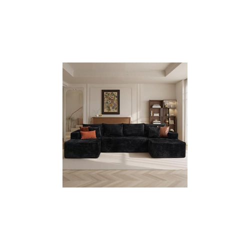 134.6" Modern U-Shaped Floor Couch with Double Chaise Lounge,Plush Corduroy Modular Sectional Sofa with Deep Seat,Memory Foam Boneless Upholstered Couches for Living Room,No Assembly Required,Black