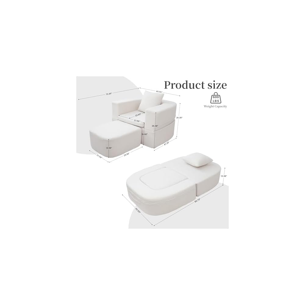 WJShome 40" Pull Out Couch,2 in 1 Sleeper Sofa Bed,Convertible Sleeper Chair with Pillow Foldable Mattress with Back Support,Teddy Fleece,White