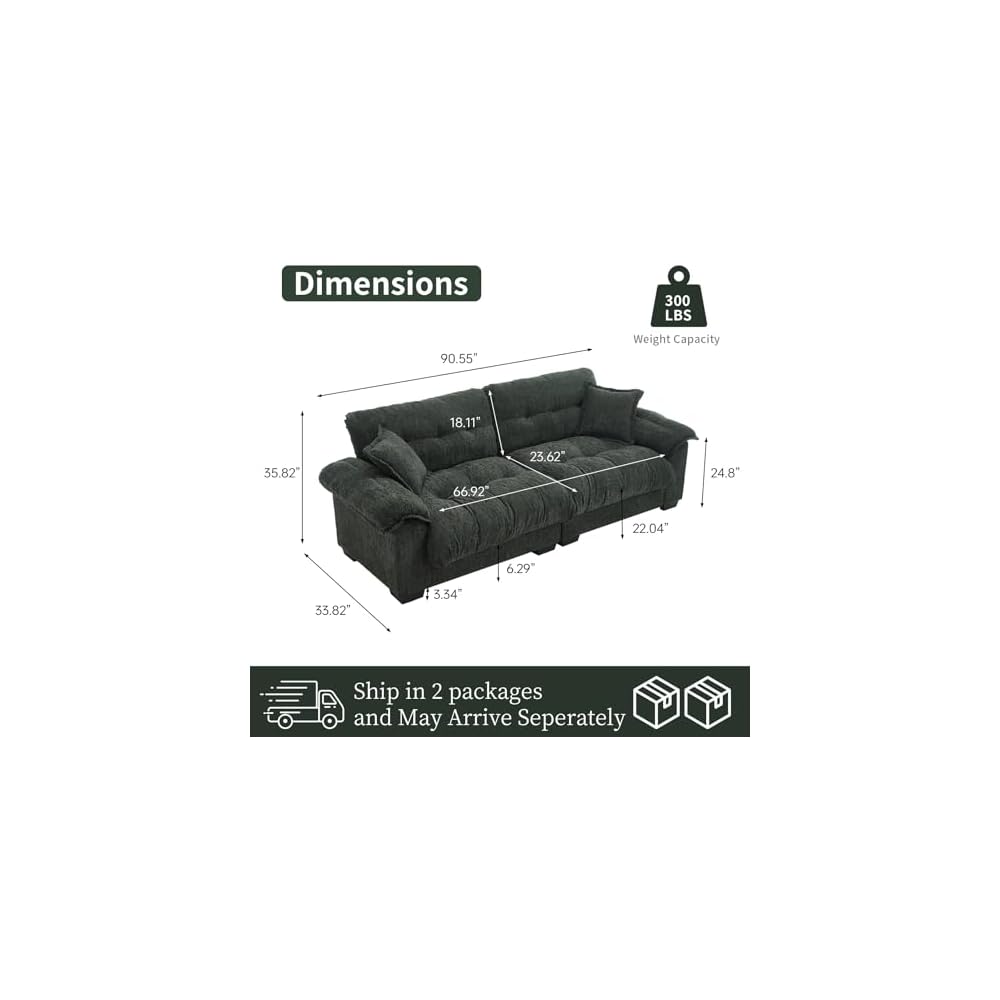 90.55" Oversized Fluffy Cloud Couch, Modern Chenille Deep Seat Sofa, Comfy Tufted Sectional Loveseat, Overstuffed Modular Couches with Pillows for Living Room, Apartment & Small Space, Green