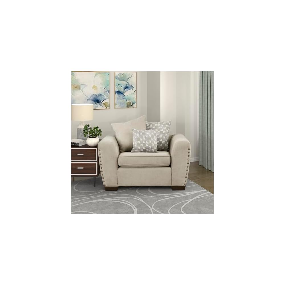 Lexicon Accent Chair, Chenille Upholstered Armchair, Single Sofa Chair with 3 Pillows, Wood Legs, Track Arms, Nailhead Trim, Modern Chairs for Living Room/Bedroom/Office/Waiting Room, Light Brown