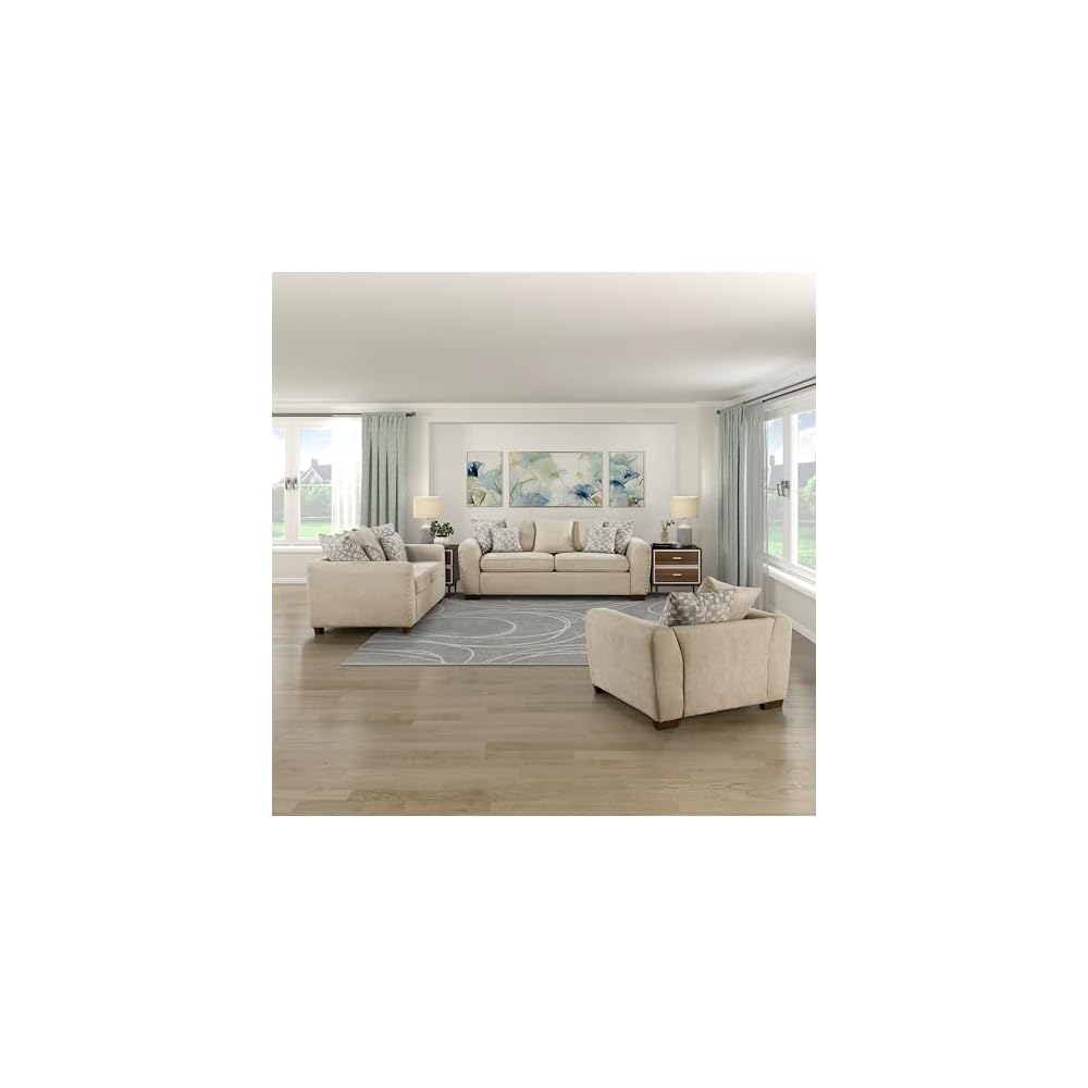 Lexicon Accent Chair, Chenille Upholstered Armchair, Single Sofa Chair with 3 Pillows, Wood Legs, Track Arms, Nailhead Trim, Modern Chairs for Living Room/Bedroom/Office/Waiting Room, Light Brown