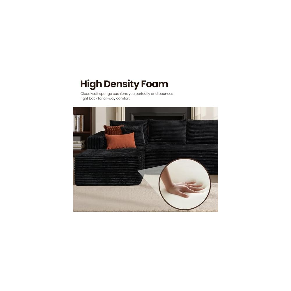 134.6" Modern U-Shaped Floor Couch with Double Chaise Lounge,Plush Corduroy Modular Sectional Sofa with Deep Seat,Memory Foam Boneless Upholstered Couches for Living Room,No Assembly Required,Black