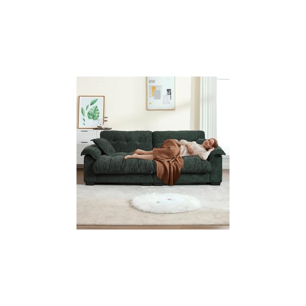 90.55" Oversized Fluffy Cloud Couch, Modern Chenille Deep Seat Sofa, Comfy Tufted Sectional Loveseat, Overstuffed Modular Couches with Pillows for Living Room, Apartment & Small Space, Green