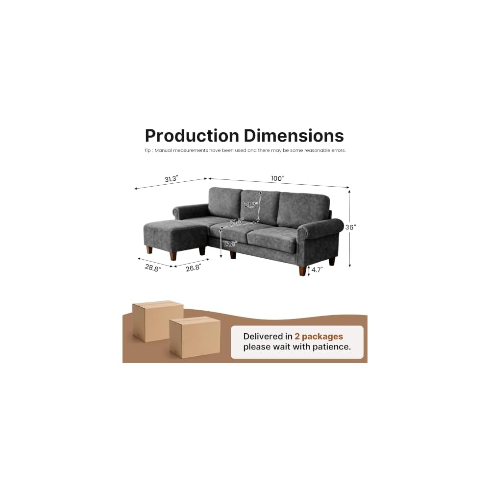 100" Modular Sectional Sofa, L-Shaped Velvet Couch for Small Spaces