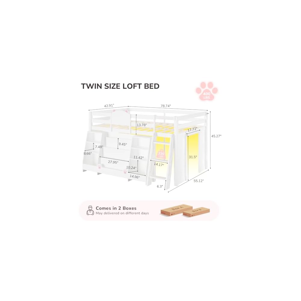 Low Loft Bed Twin Size with 4-Tier Bookshelf & Toy Storage,LED Lights,White