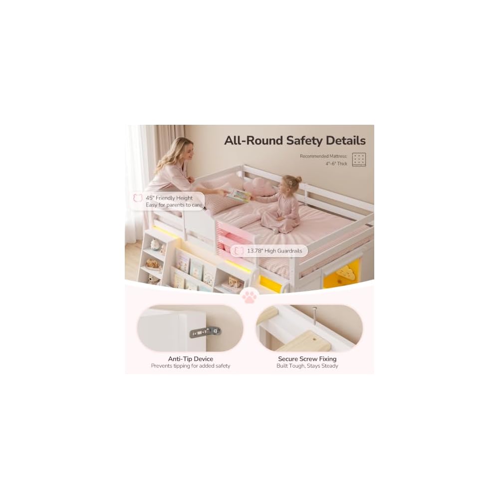 Low Loft Bed Twin Size with 4-Tier Bookshelf & Toy Storage,LED Lights,White