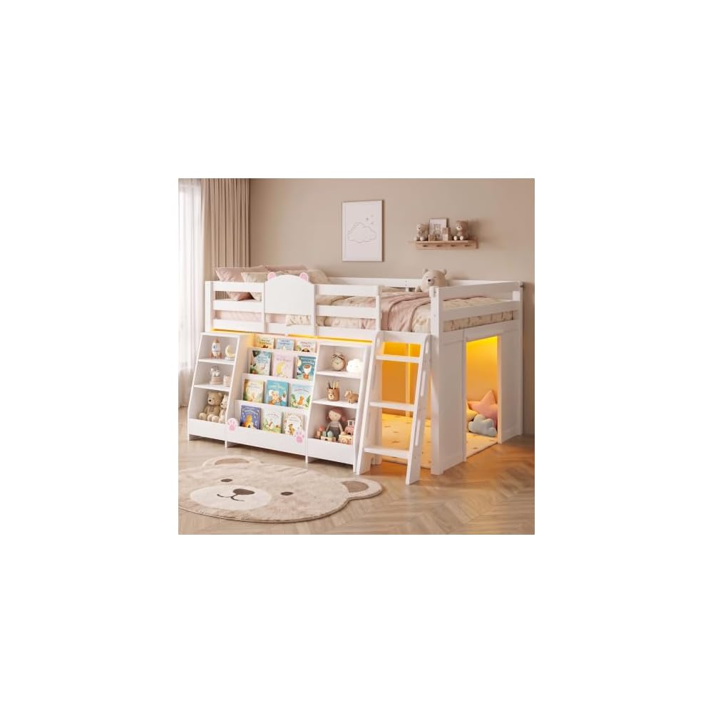 Low Loft Bed Twin Size with 4-Tier Bookshelf & Toy Storage,LED Lights,White