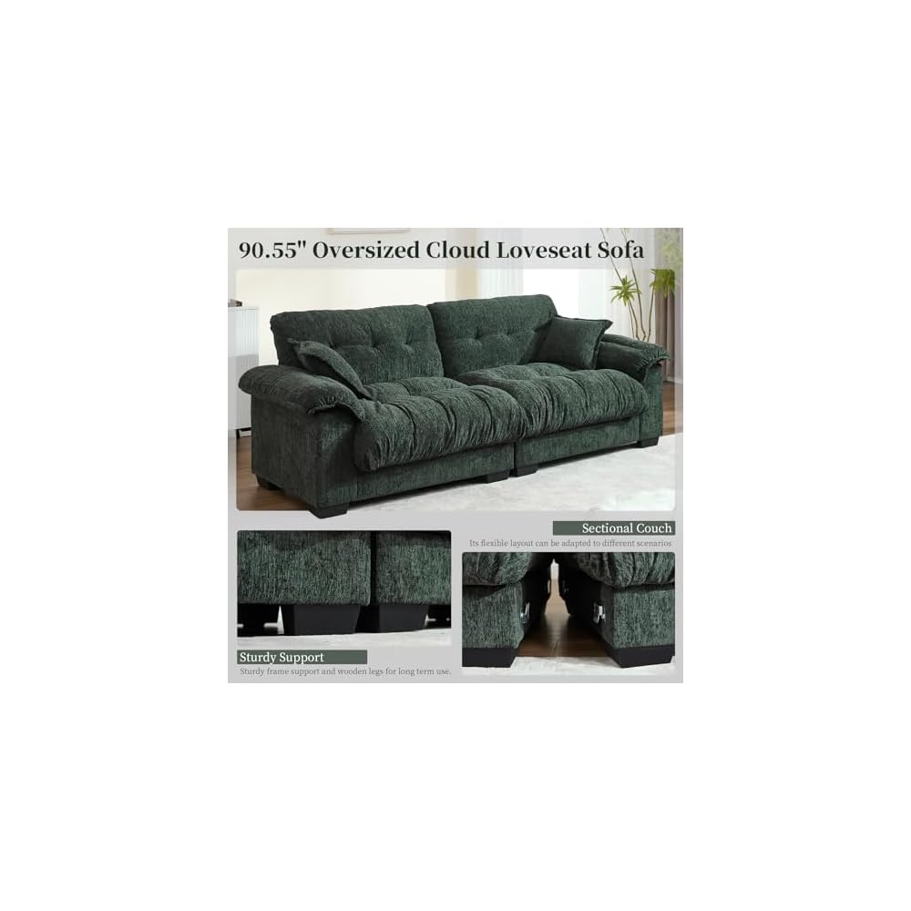 90.55" Oversized Fluffy Cloud Couch, Modern Chenille Deep Seat Sofa, Comfy Tufted Sectional Loveseat, Overstuffed Modular Couches with Pillows for Living Room, Apartment & Small Space, Green