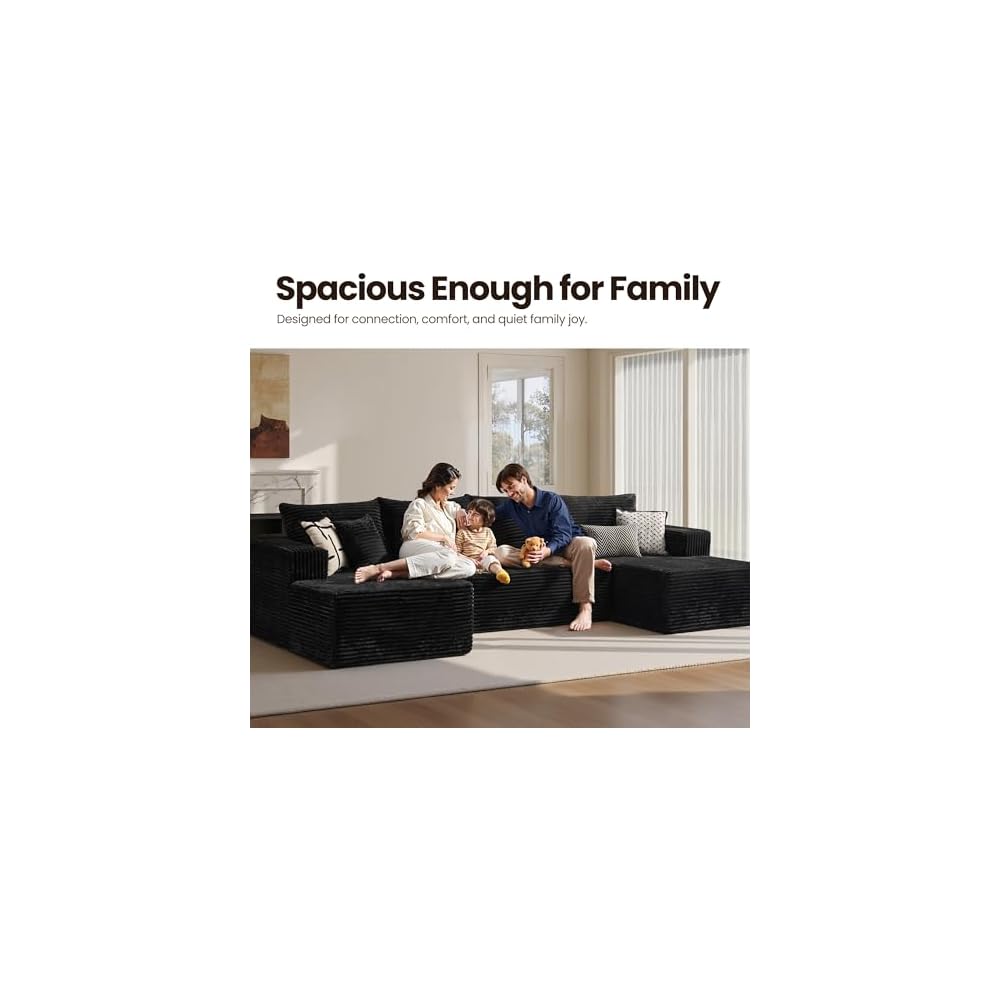 134.6" Modern U-Shaped Floor Couch with Double Chaise Lounge,Plush Corduroy Modular Sectional Sofa with Deep Seat,Memory Foam Boneless Upholstered Couches for Living Room,No Assembly Required,Black