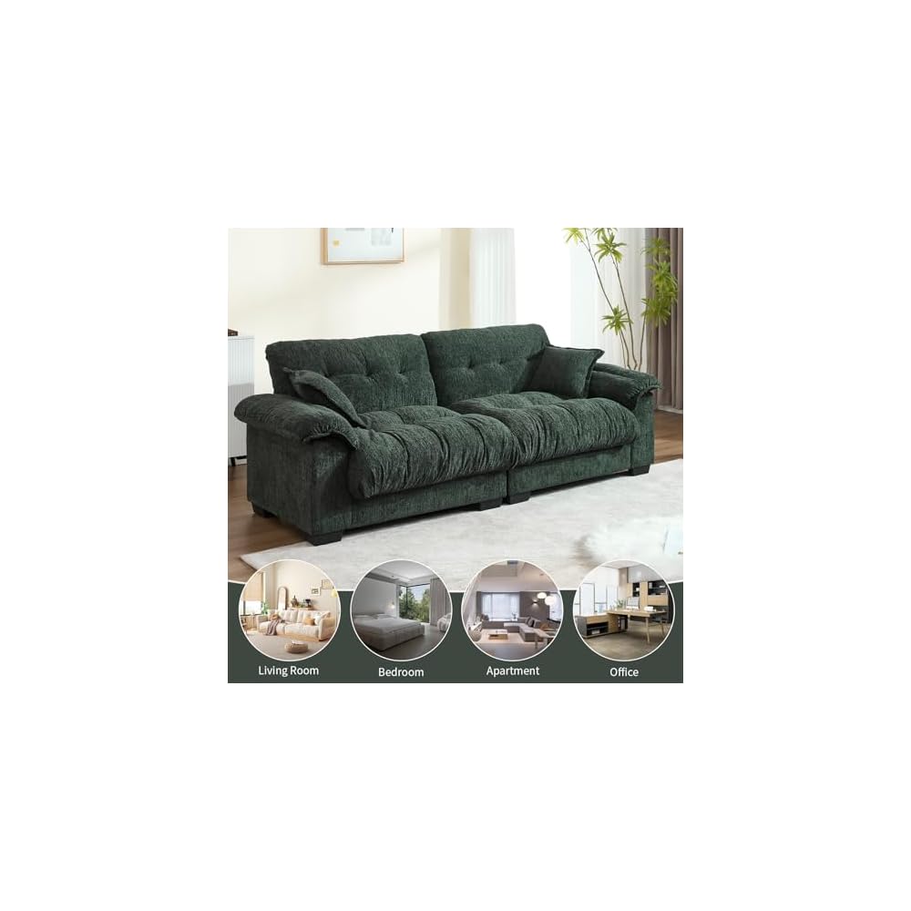 90.55" Oversized Fluffy Cloud Couch, Modern Chenille Deep Seat Sofa, Comfy Tufted Sectional Loveseat, Overstuffed Modular Couches with Pillows for Living Room, Apartment & Small Space, Green