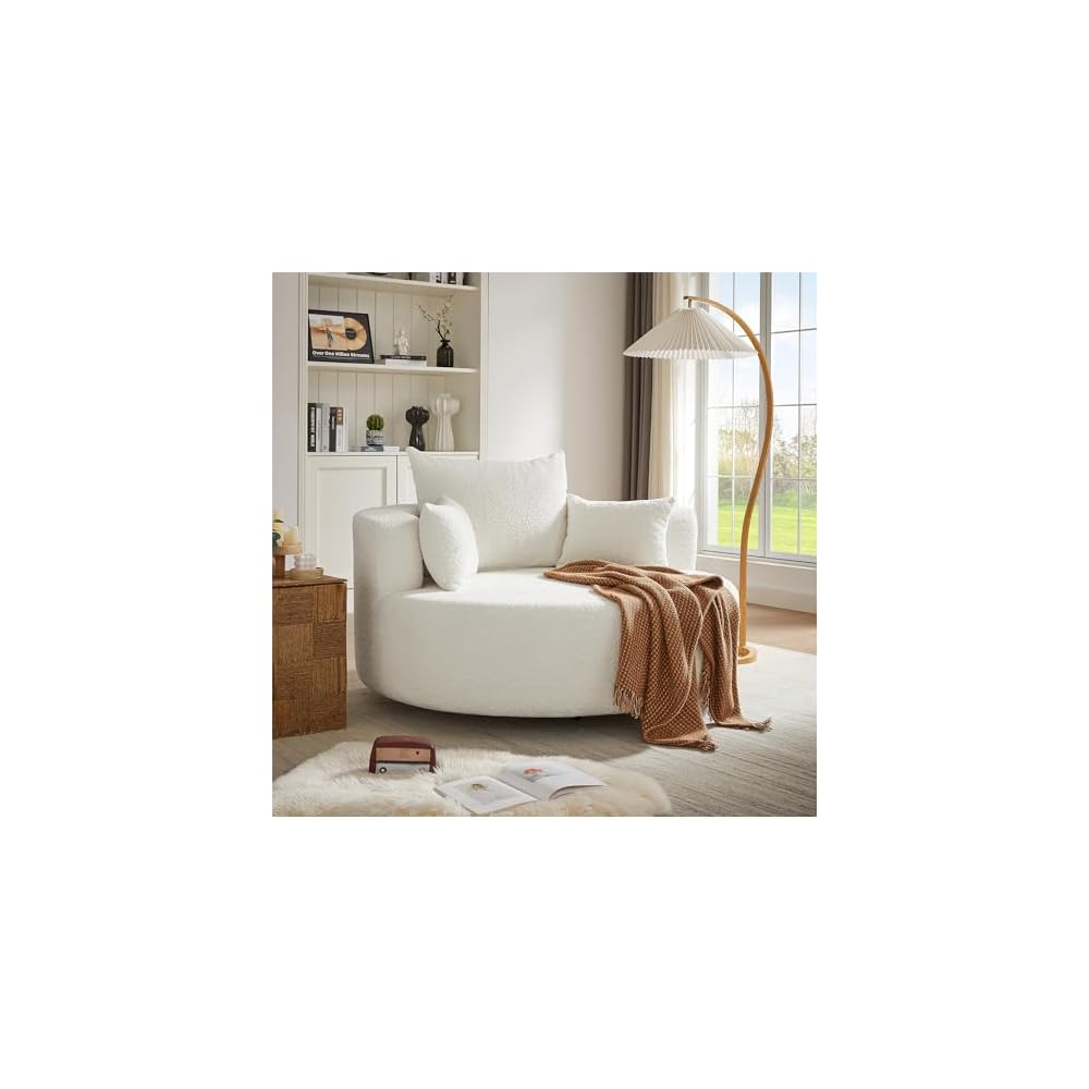 GDFStudio 360 Degree Swivel Accent Chair Barrel Chair Round Sofa Chair with 3 Removable Pillows Chenille Upholstered Deep Seat Lounge Chair for Living Room Bedroom Office Beige