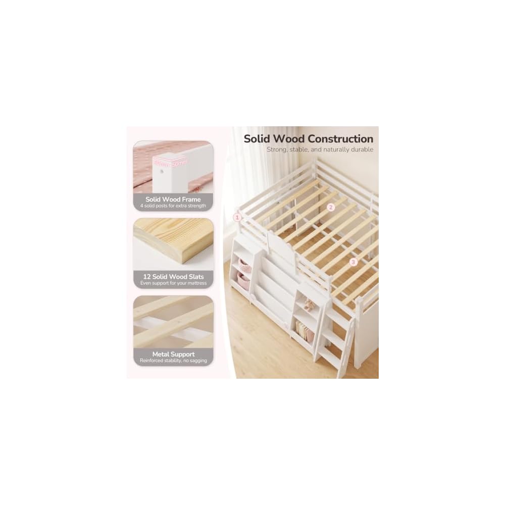 Low Loft Bed Twin Size with 4-Tier Bookshelf & Toy Storage,LED Lights,White