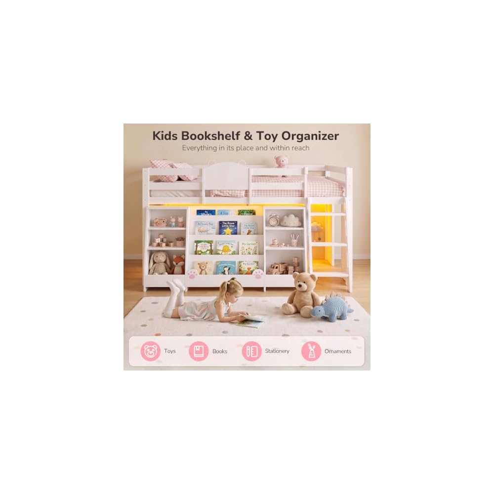 Low Loft Bed Twin Size with 4-Tier Bookshelf & Toy Storage,LED Lights,White