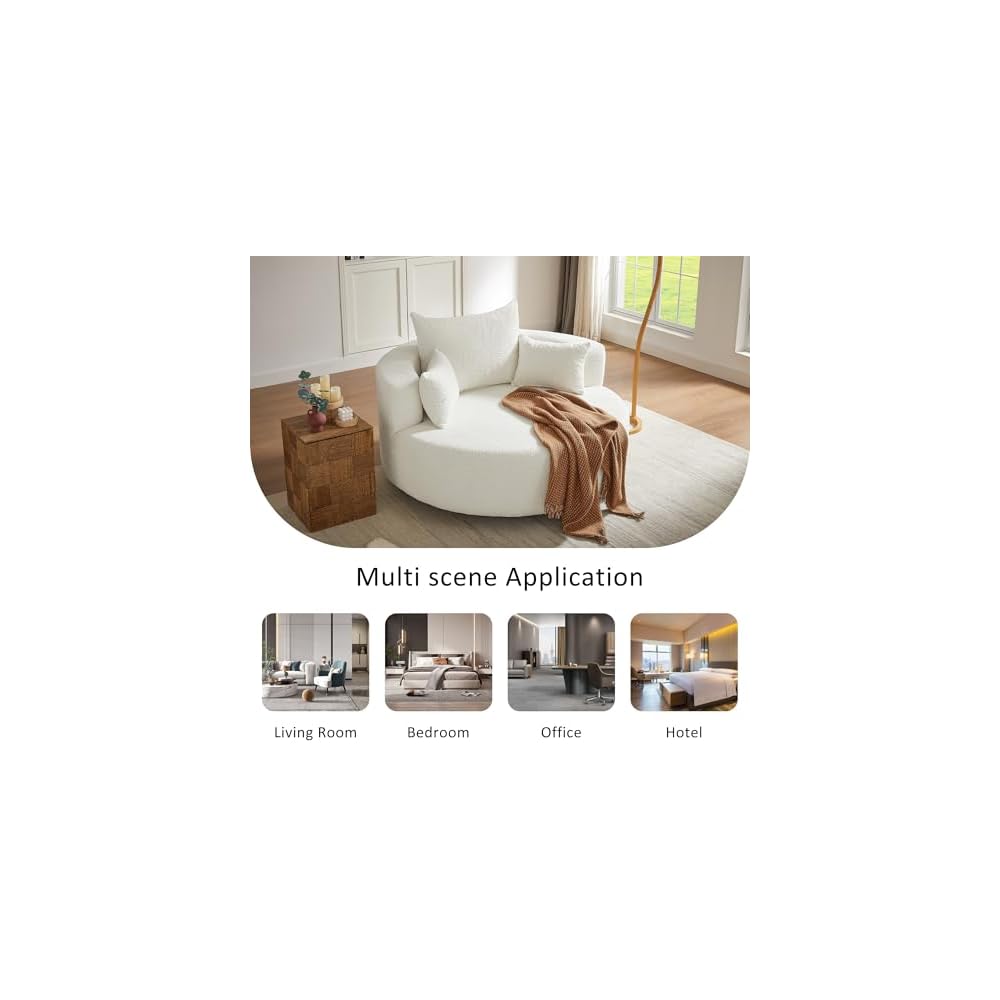 GDFStudio 360 Degree Swivel Accent Chair Barrel Chair Round Sofa Chair with 3 Removable Pillows Chenille Upholstered Deep Seat Lounge Chair for Living Room Bedroom Office Beige