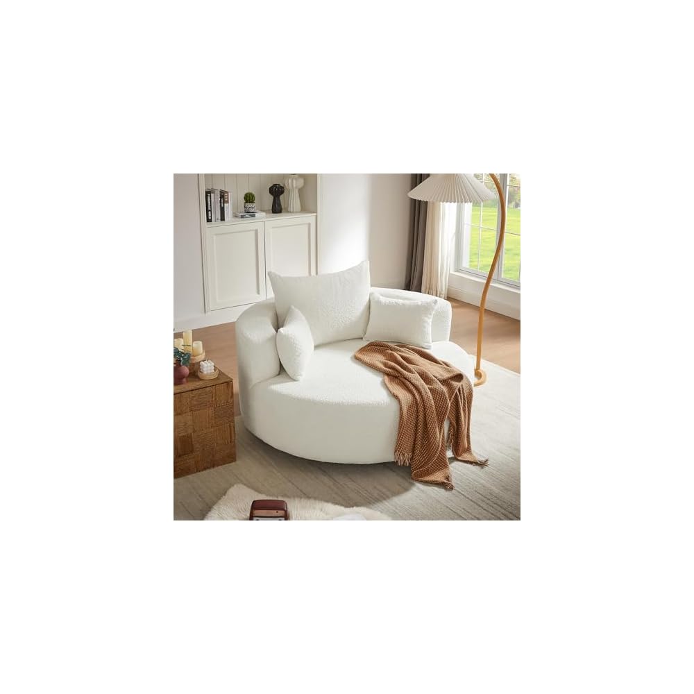 GDFStudio 360 Degree Swivel Accent Chair Barrel Chair Round Sofa Chair with 3 Removable Pillows Chenille Upholstered Deep Seat Lounge Chair for Living Room Bedroom Office Beige
