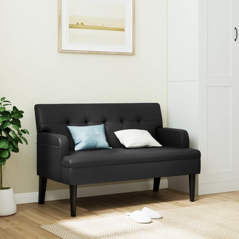Loveseat Sofa Bench with Backrest, Modern Loveseat Bench Sofa Couch, 2-Seat Sofa Lounge Bench for Small Spaces Living Room, Apartment Office Dorm, Black 44.1"x25.8"x29.5" Faux Leather, -10