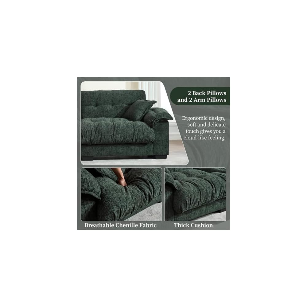 90.55" Oversized Fluffy Cloud Couch, Modern Chenille Deep Seat Sofa, Comfy Tufted Sectional Loveseat, Overstuffed Modular Couches with Pillows for Living Room, Apartment & Small Space, Green