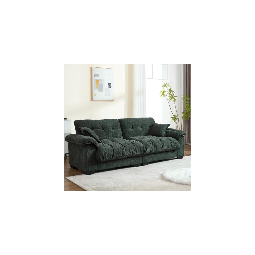 90.55" Oversized Fluffy Cloud Couch, Modern Chenille Deep Seat Sofa, Comfy Tufted Sectional Loveseat, Overstuffed Modular Couches with Pillows for Living Room, Apartment & Small Space, Green