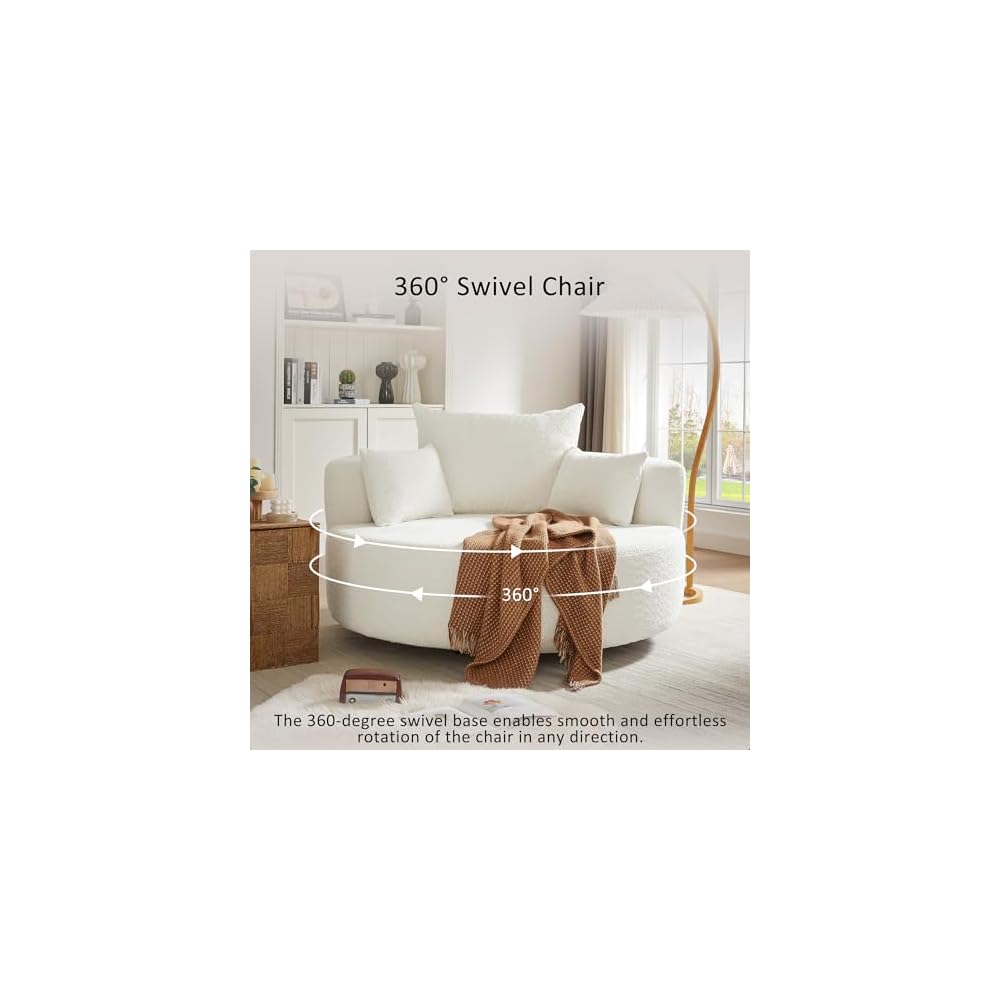 GDFStudio 360 Degree Swivel Accent Chair Barrel Chair Round Sofa Chair with 3 Removable Pillows Chenille Upholstered Deep Seat Lounge Chair for Living Room Bedroom Office Beige