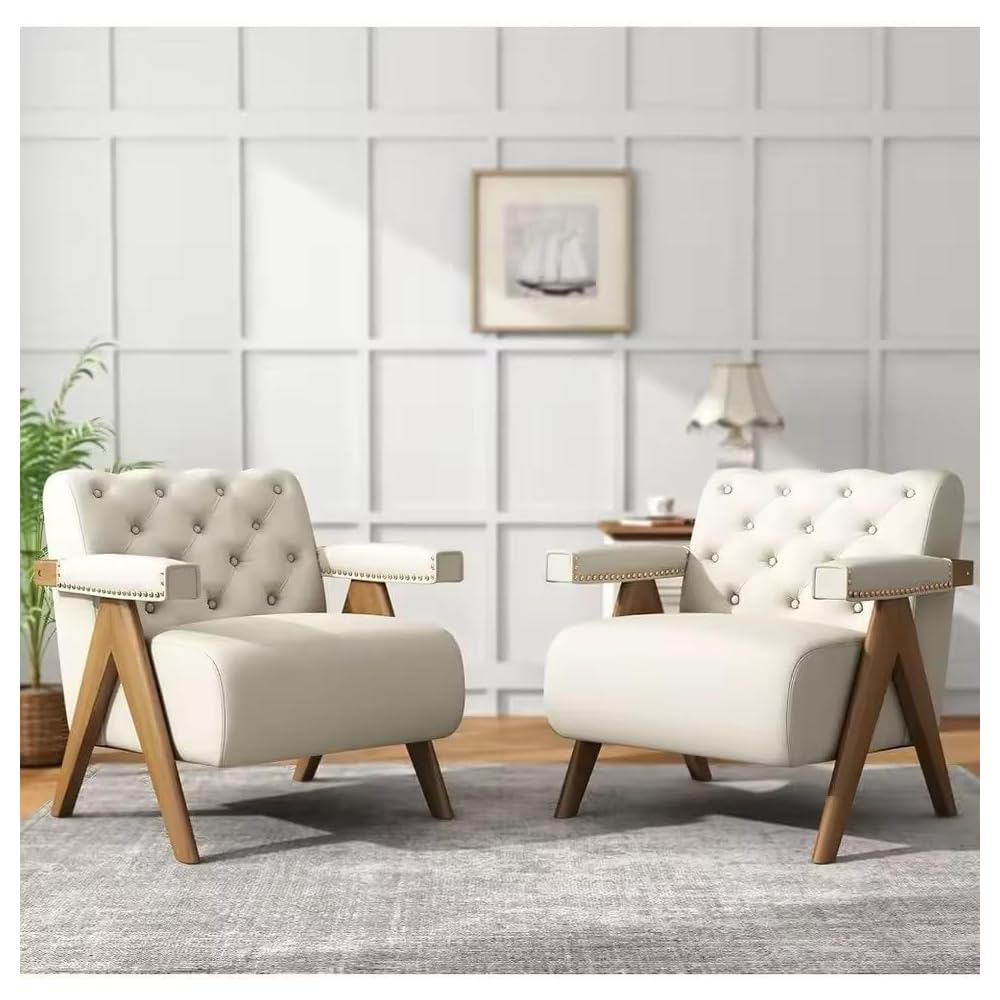 Chair Set of Mid-Century 2 with Wooden Arms and Legs Comfy Upholstered Velvet Wide Armchair Sofa Living Room Chairs