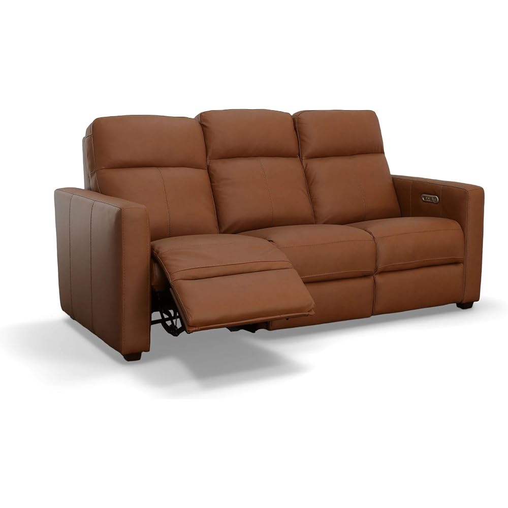 Flexsteel Broadway Leather Power Reclining Sofa with Power Headrests & Lumbar, USB Ports, Modern Reclining Couch for Living Room, DualFlex Spring, Contemporary