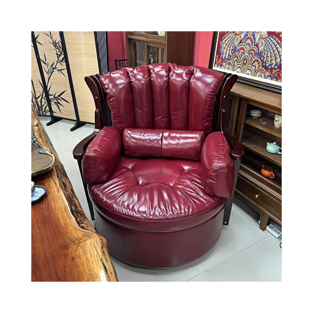 Oversized Burgundy Leather Swivel Accent Chair, High Back Barrel Lounge Armchair with Lumbar Pillow, Tufted Reading Chair for Living Room, Bedroom, Study and Office
