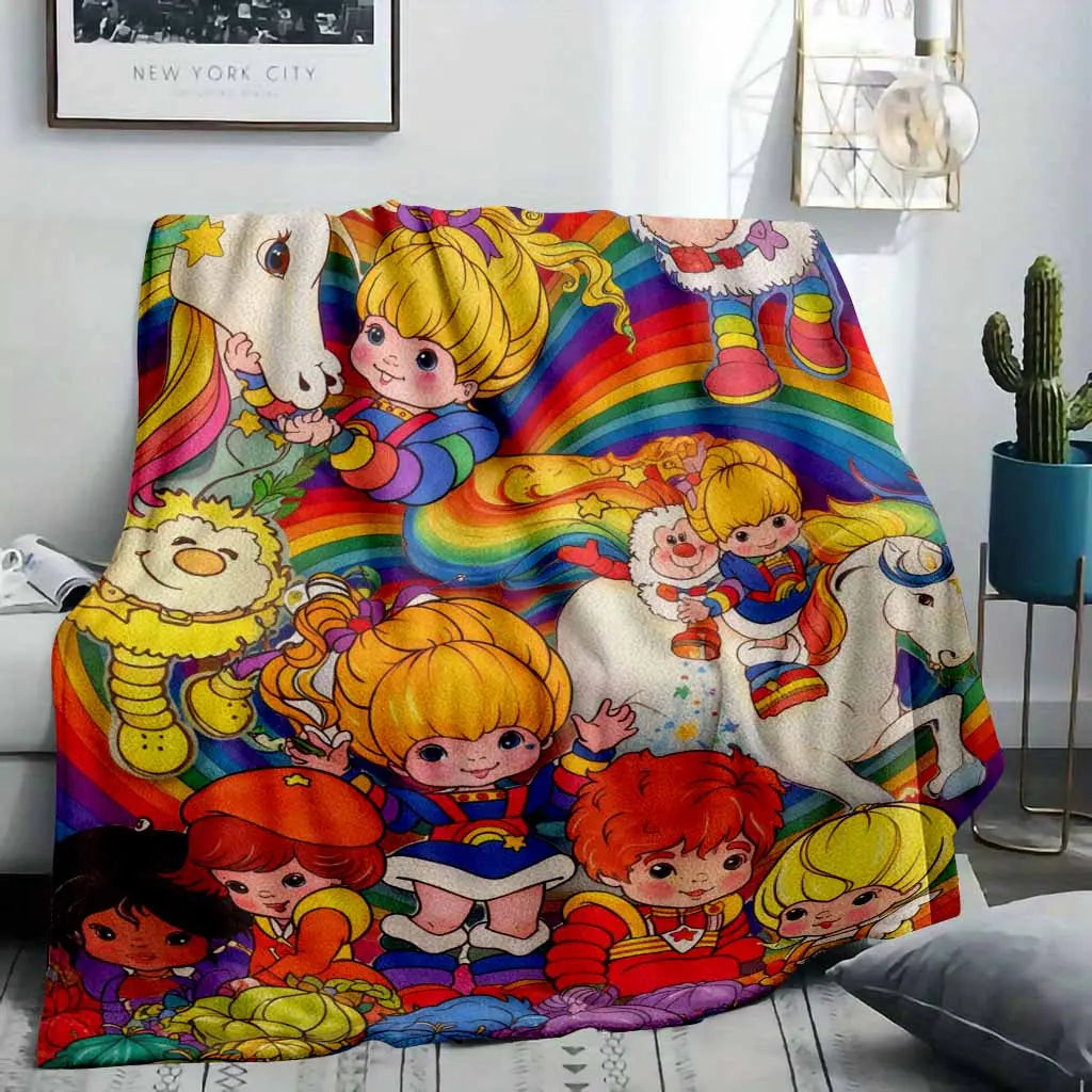 Rainbow Brite Flannel Fleece Throw Blanket 80s Retro Cartoon Starlite Color Kids Magical Horse HD Print Ultra Soft Non Shedding Warm Cozy Sofa Decor Nostalgia Gift
