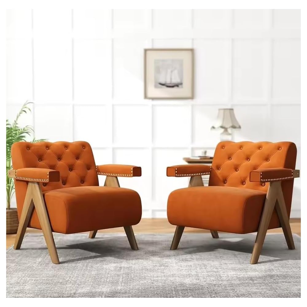 Chair Set of Mid-Century 2 with Wooden Arms and Legs Comfy Upholstered Velvet Wide Armchair Sofa Living Room Chairs