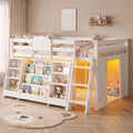 Low Loft Bed Twin Size with 4-Tier Bookshelf & Toy Storage,LED Lights,White