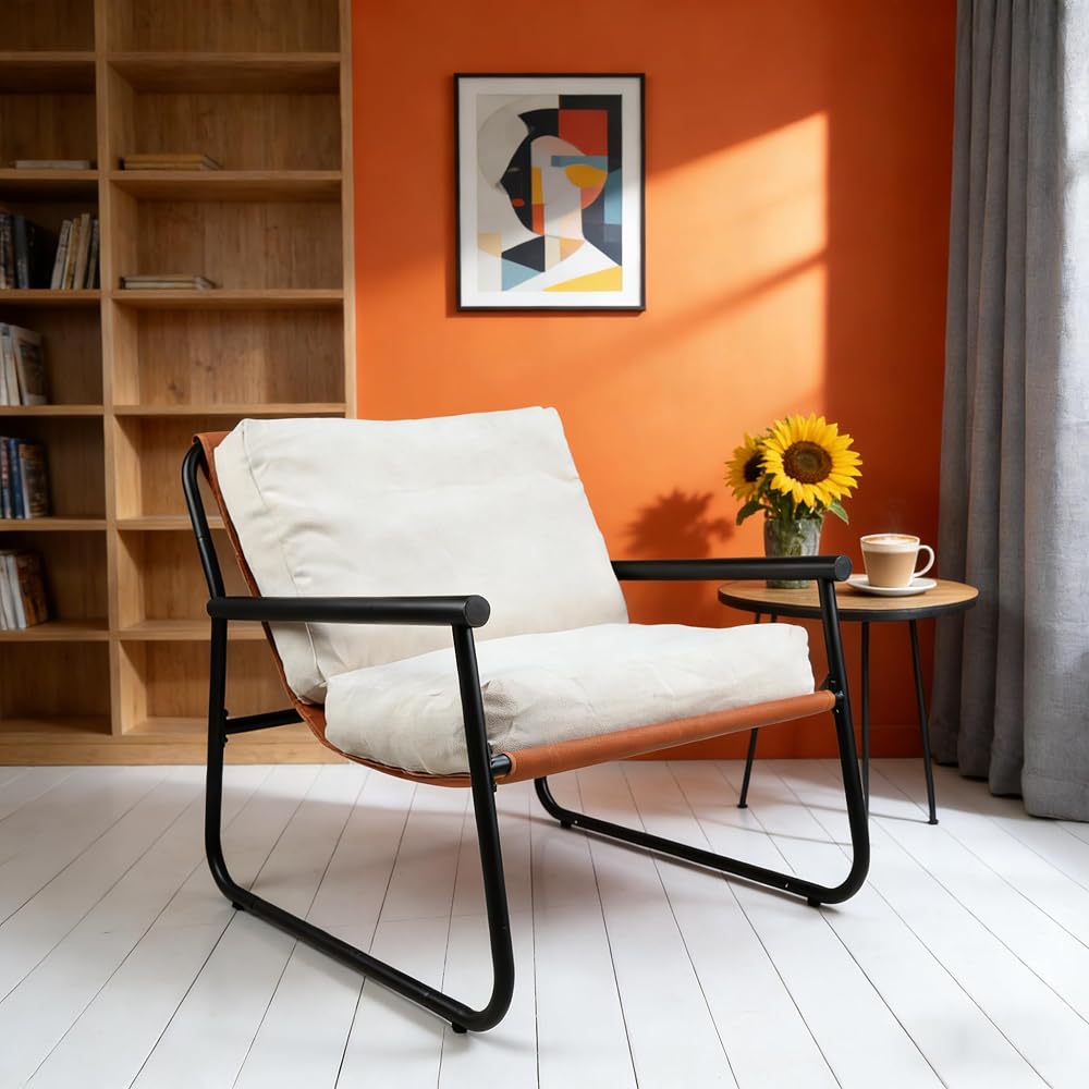 Modern Accent Chair for Living Room Bedroom Beige with Metal Frame