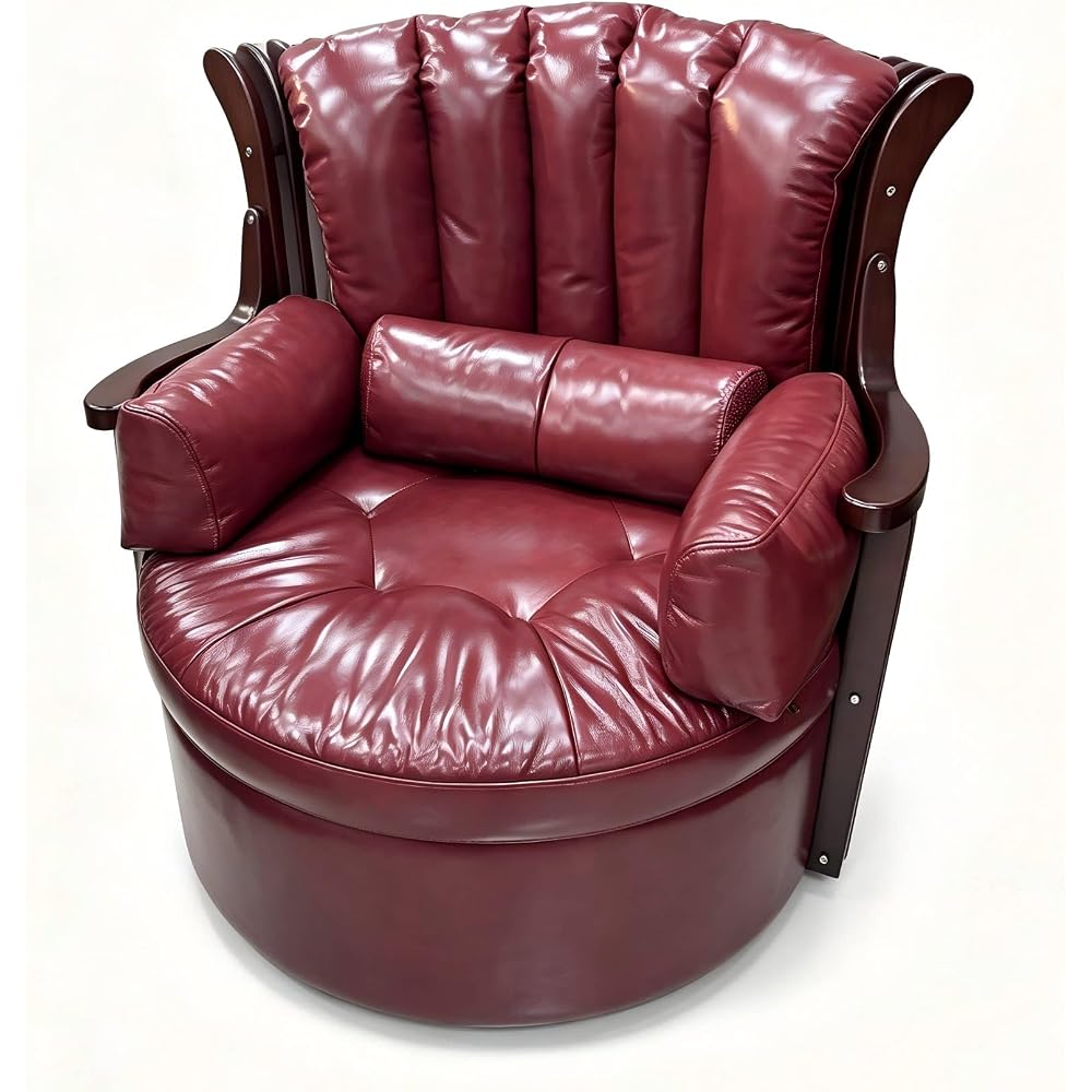 Oversized Burgundy Leather Swivel Accent Chair, High Back Barrel Lounge Armchair with Lumbar Pillow, Tufted Reading Chair for Living Room, Bedroom, Study and Office