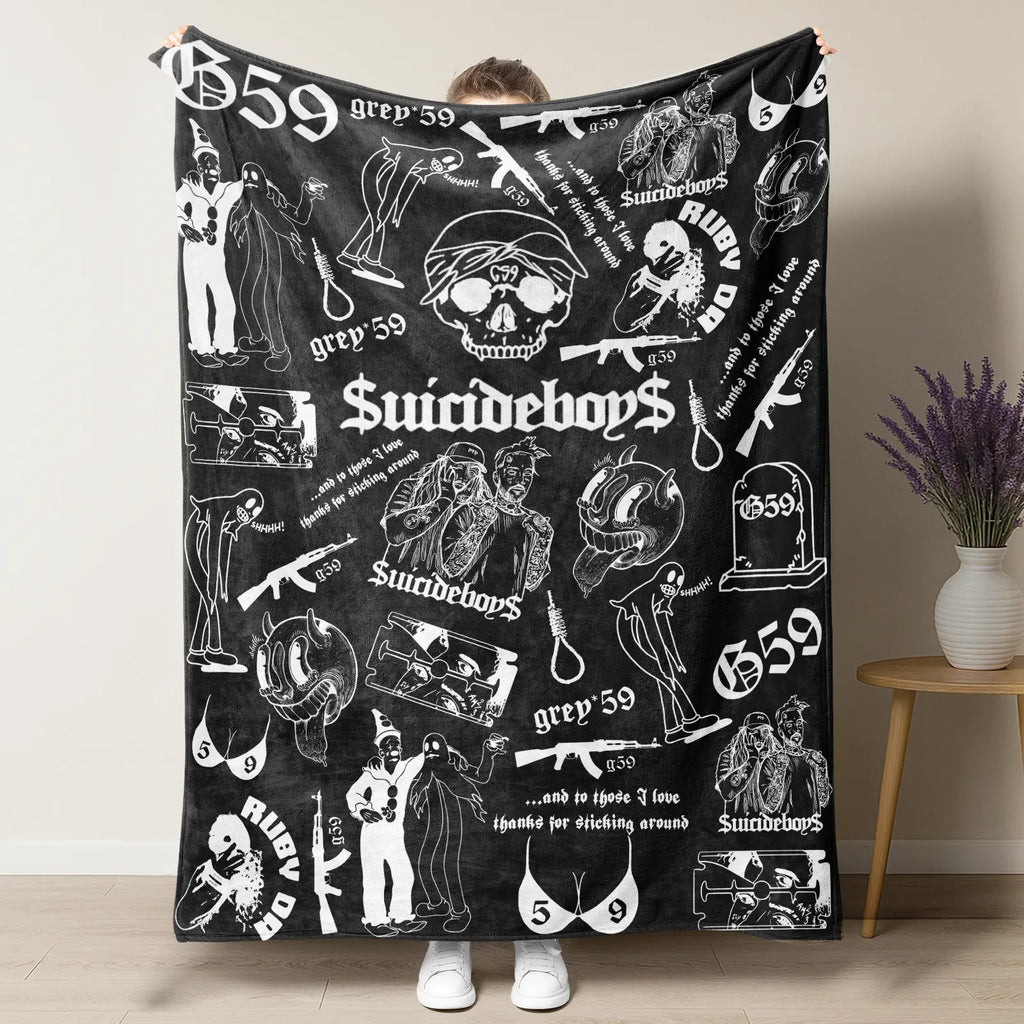 Retro Punk Full Wrap Print Blanket, Premium Soft Fleece Pink Black Horror Skull & Clown Art Blanket Versatile For Sofa Nap Camping And Fan Collectible Present