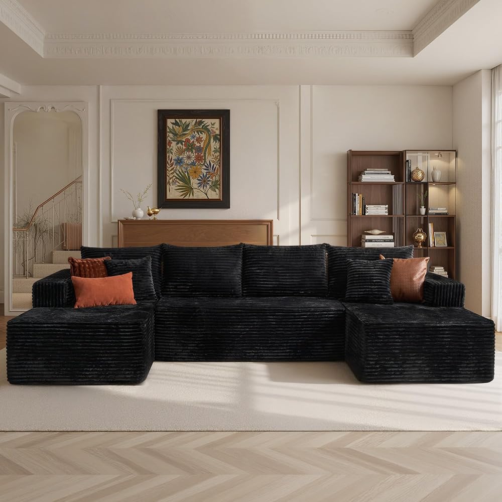 134.6" Modern U-Shaped Floor Couch with Double Chaise Lounge,Plush Corduroy Modular Sectional Sofa with Deep Seat,Memory Foam Boneless Upholstered Couches for Living Room,No Assembly Required,Black