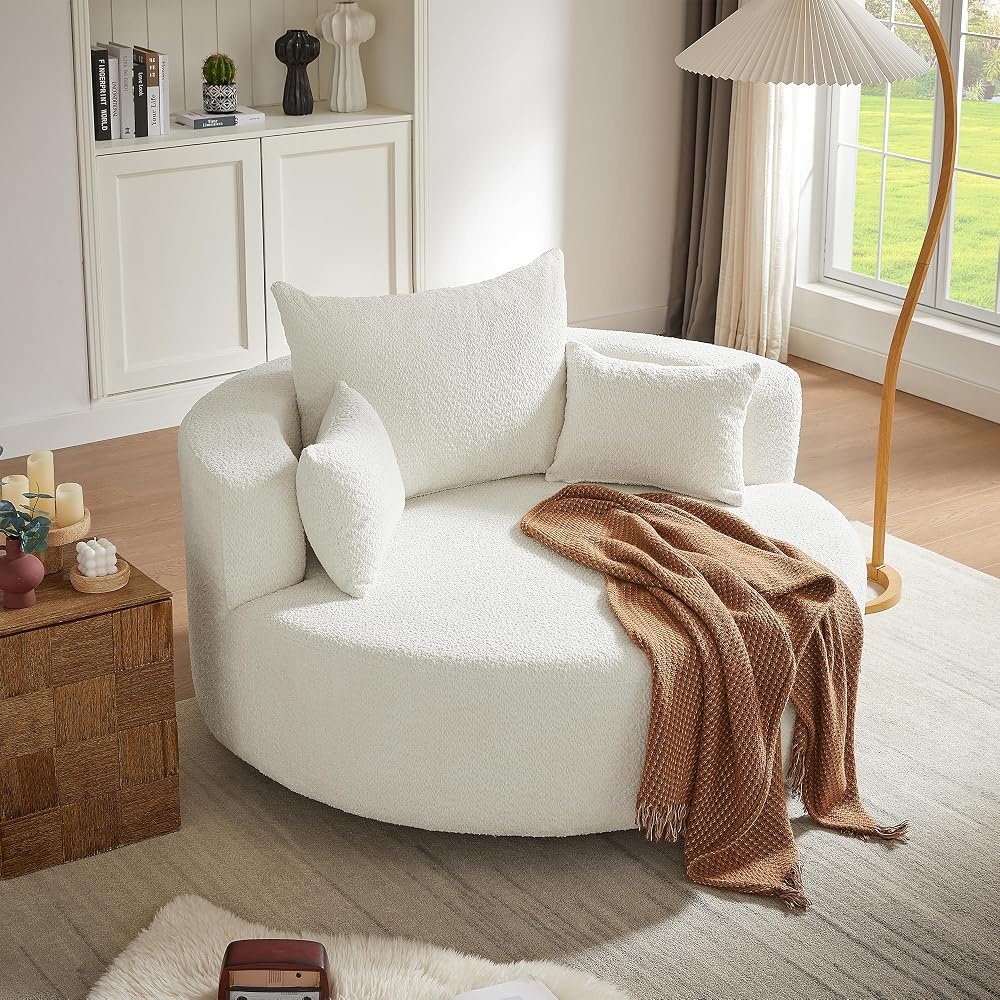 GDFStudio 360 Degree Swivel Accent Chair Barrel Chair Round Sofa Chair with 3 Removable Pillows Chenille Upholstered Deep Seat Lounge Chair for Living Room Bedroom Office Beige