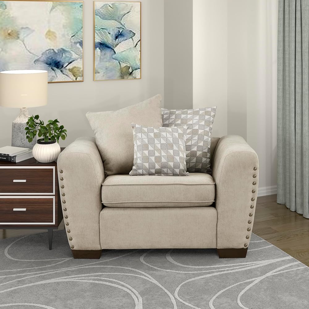 Lexicon Accent Chair, Chenille Upholstered Armchair, Single Sofa Chair with 3 Pillows, Wood Legs, Track Arms, Nailhead Trim, Modern Chairs for Living Room/Bedroom/Office/Waiting Room, Light Brown