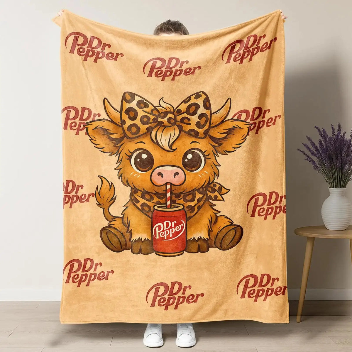 Cartoon Printed Character-Themed Cute Highland Cow Pattern Throw Blanket, 100% Polyester Cute Home Textile, Soft Warm Lightweight Blanket for Home & Office Gifts